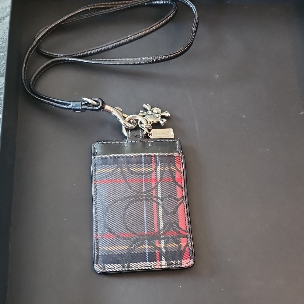 COACH Plaid Lanyard Card Holder with coach/skull Tags